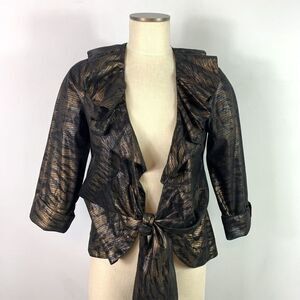 Mishca Metallic Brown Black Tie Front Open Blouse Size Small